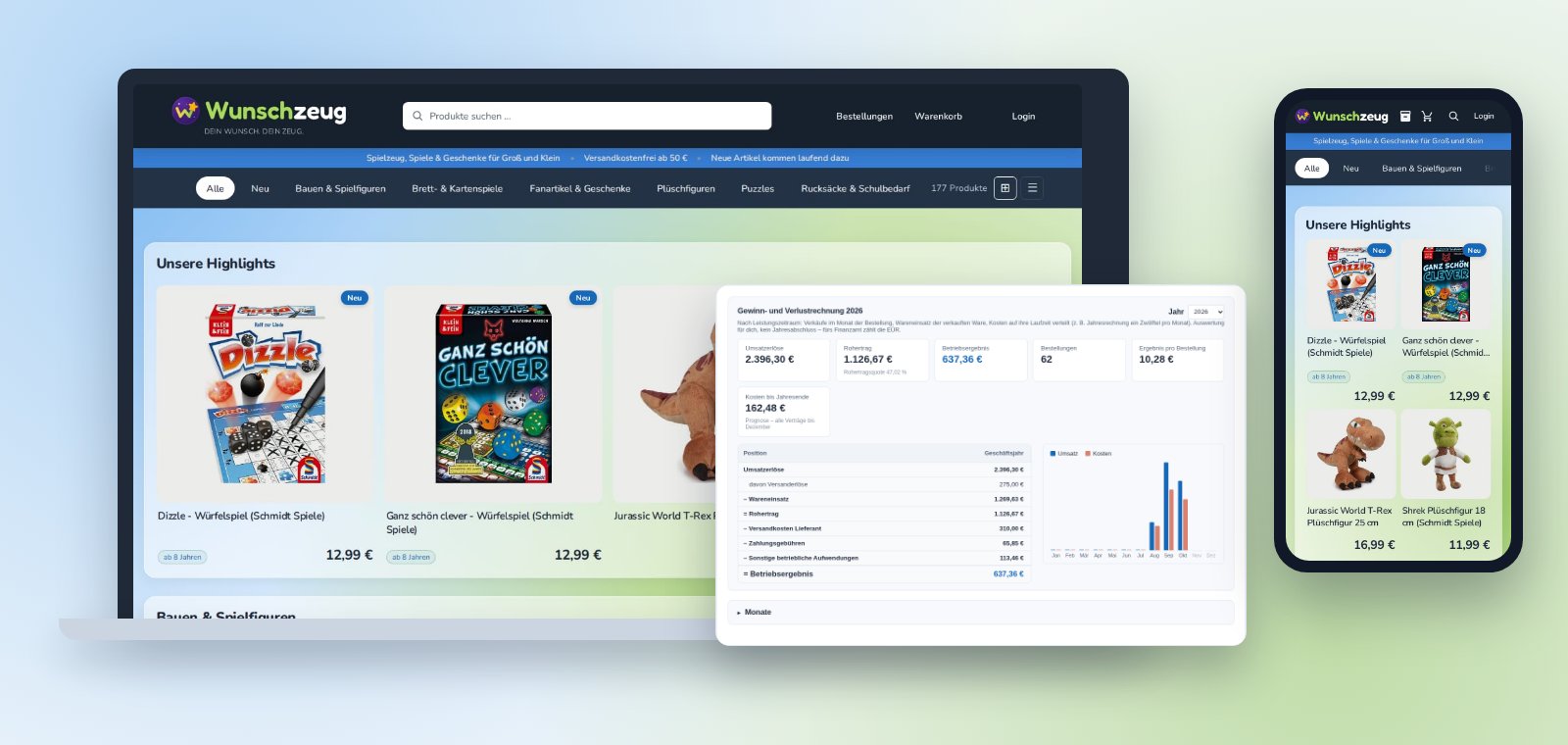 Onlineshop am Computer und am Handy, davor die Gewinn- und Verlustrechnung aus dem Admin-Bereich